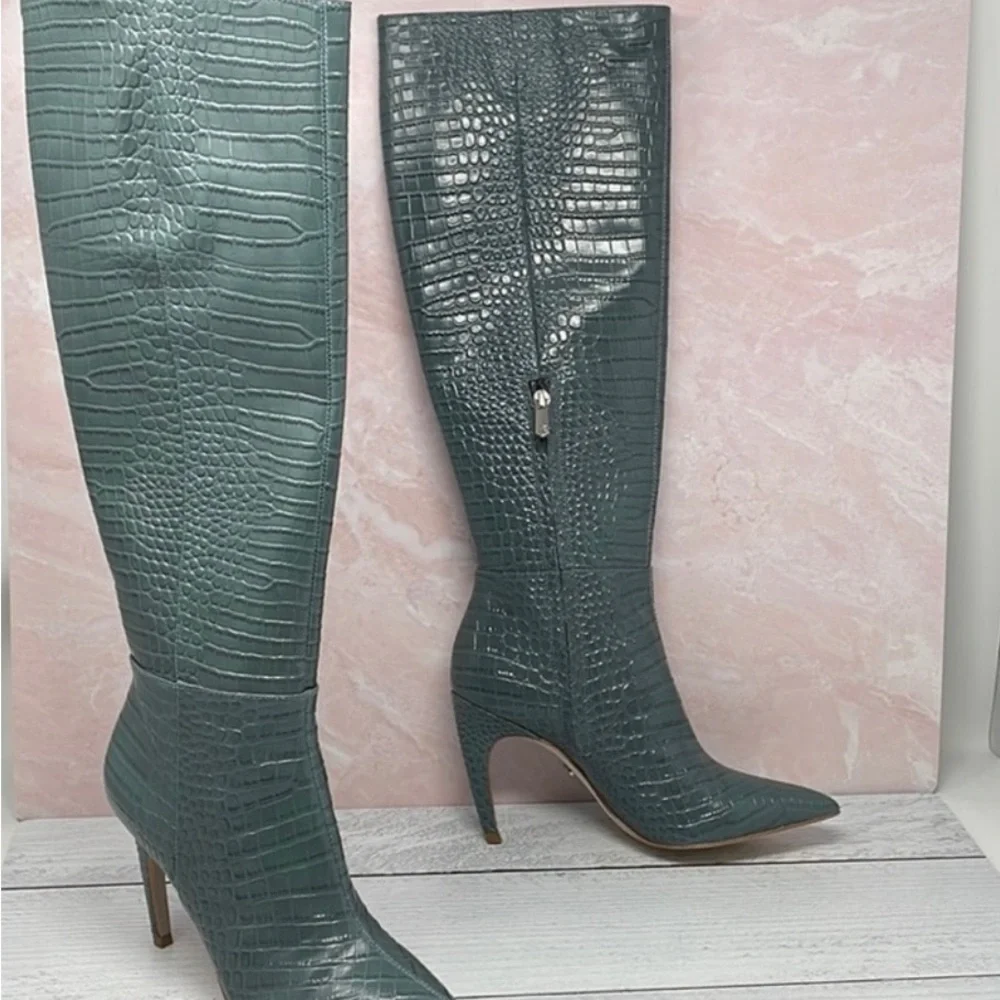 Sam Edelman Fraya Knee High Boot in Teal Mock Croc Leather - Picture 3 of 5